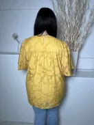 ÚJ Yundai (L) Okkersárga Anyagában Mintás, Hátul Nyakban Gombos Bélelt, Tölcsér Ujjú Felső