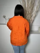 F&F (L) Narancssárga Anyagában Mintás, Alul Megkötős Galléros, Gumis Ujjvégű Felső