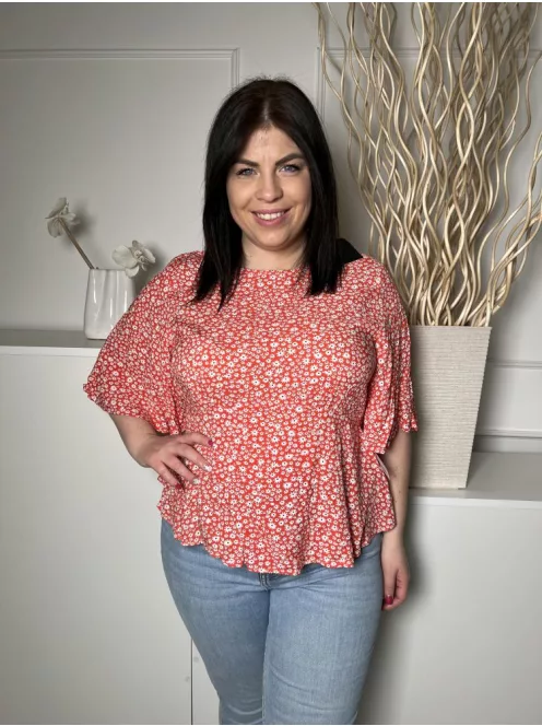 ÚJ Peacocks (L) Piros Apró Fehér Virágos, Hátul Nyakban Gombos Tölcsér Ujjú Felső