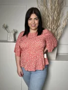 ÚJ Peacocks (L) Piros Apró Fehér Virágos, Hátul Nyakban Gombos Tölcsér Ujjú Felső