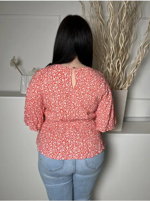 ÚJ Peacocks (L) Piros Apró Fehér Virágos, Hátul Nyakban Gombos Tölcsér Ujjú Felső