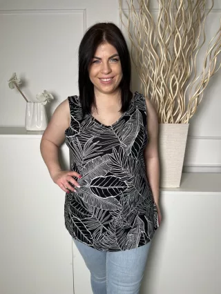 F&F (L) Fekete Fehér Levélmintás Rugalmas Anyagú Felső