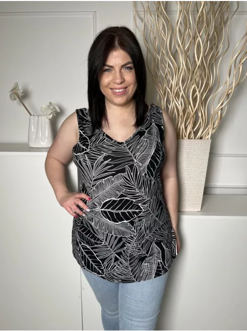 F&F (L) Fekete Fehér Levélmintás Rugalmas Anyagú Felső