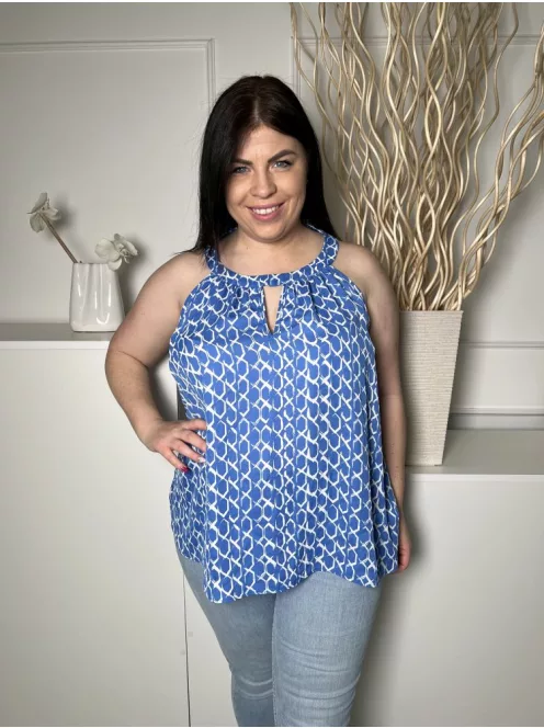 Peacocks (L) Kék Fehér Mintás, Mellnél Kivágott Hátul Nyakban Gombos Felső