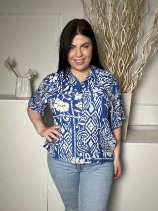   F&F (L) Kék Fehér Mintás, Elől Végig Gombos Galléros Felső