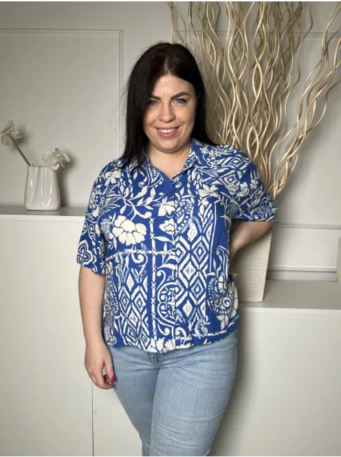 F&F (L) Kék Fehér Mintás, Elől Végig Gombos Galléros Felső