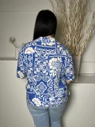 F&F (L) Kék Fehér Mintás, Elől Végig Gombos Galléros Felső