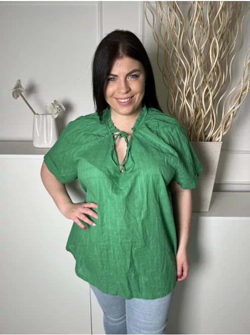 Roman (XXL) Fűzöld Anyagában Mintás, Nyakban Megköthető Felvarrt Ujjvégű, 100% Pamut Felső