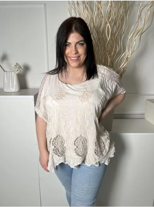 ÚJ  (L) Drapp Anyagában Horgoltmintás Bélelt, Aszimmetrikus Aljú Felső