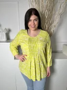 Cotton (L) Lime Zöld Vállán és Mellnél Ráncolt 55% Len Alapanyagú, Fehér Virágos Felső