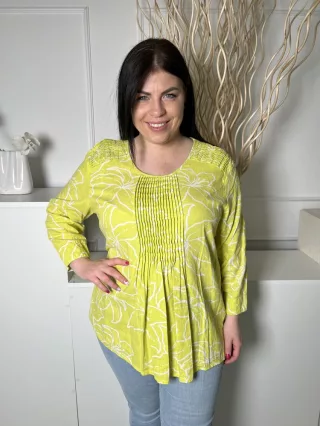   Cotton (L) Lime Zöld Vállán és Mellnél Ráncolt 55% Len Alapanyagú, Fehér Virágos Felső