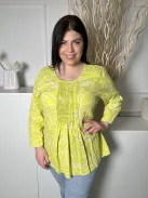 Cotton (L) Lime Zöld Vállán és Mellnél Ráncolt 55% Len Alapanyagú, Fehér Virágos Felső