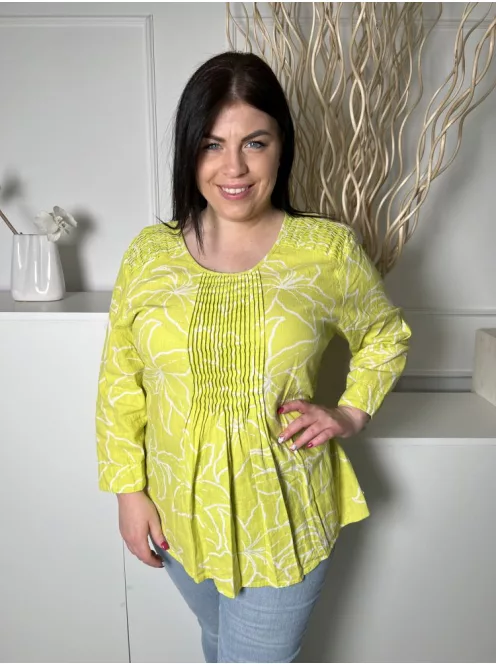 Cotton (L) Lime Zöld Vállán és Mellnél Ráncolt 55% Len Alapanyagú, Fehér Virágos Felső