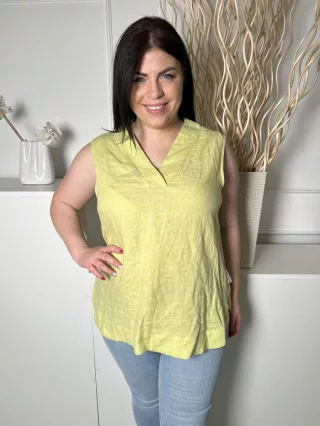   ÚJ Carolyn Donnelly (L) Banánzöld 100% Len Alapanyagú, V Kivágású Kerekített Aljú Felső