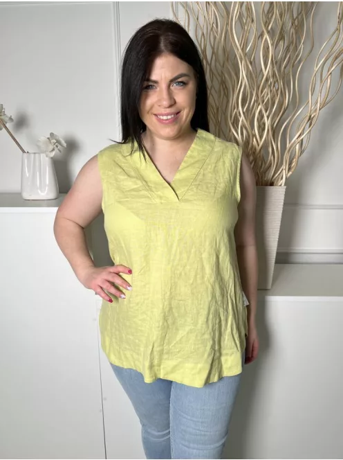 ÚJ Carolyn Donnelly (L) Banánzöld 100% Len Alapanyagú, V Kivágású Kerekített Aljú Felső