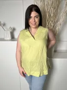 ÚJ Carolyn Donnelly (L) Banánzöld 100% Len Alapanyagú, V Kivágású Kerekített Aljú Felső