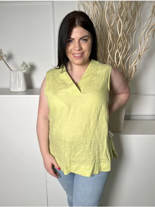ÚJ Carolyn Donnelly (L) Banánzöld 100% Len Alapanyagú, V Kivágású Kerekített Aljú Felső