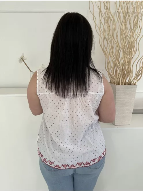 M&Co (M) Fehér Piros Hímzett Mintás, Elől Nyakban Gombos Enyhén Áttetsző, 98% Pamut Alapanyagú Felső