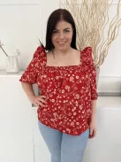 Next (XL) Piros Drapp Mintás, 100% Pamut Kocka Kivágású, Buggyos Vállú Felső