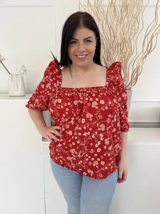   Next (XL) Piros Drapp Mintás, 100% Pamut Kocka Kivágású, Buggyos Vállú Felső