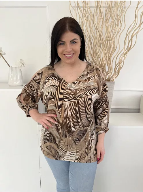 Wallis (M) Barna Mintás, V Kivágású Vállán Díszköves, Nyitott Ujjú Felső