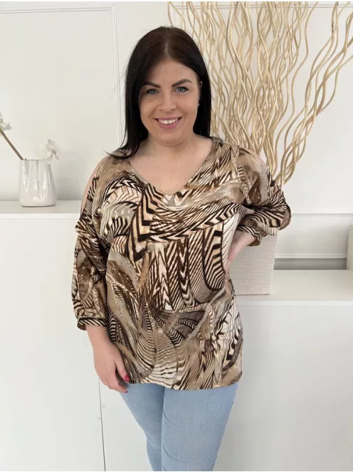 Wallis (M) Barna Mintás, V Kivágású Vállán Díszköves, Nyitott Ujjú Felső