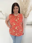 F&F (L) Korall Sárga Virágos, Nyakban Megköthető Fodros Vállú, Mellnél Ráncolt Felső