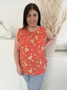 F&F (L) Korall Sárga Virágos, Nyakban Megköthető Fodros Vállú, Mellnél Ráncolt Felső