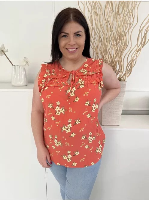 F&F (L) Korall Sárga Virágos, Nyakban Megköthető Fodros Vállú, Mellnél Ráncolt Felső