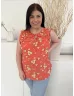   F&F (L) Korall Sárga Virágos, Nyakban Megköthető Fodros Vállú, Mellnél Ráncolt Felső