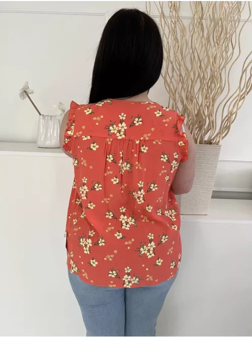 F&F (L) Korall Sárga Virágos, Nyakban Megköthető Fodros Vállú, Mellnél Ráncolt Felső