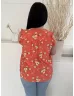   F&F (L) Korall Sárga Virágos, Nyakban Megköthető Fodros Vállú, Mellnél Ráncolt Felső
