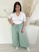 Shein (XXL) Selyemcukor Zöld Anyagában Mintás, Gumisderekú Díszmegkötős, Zsebes, Bőszárú Nadrág