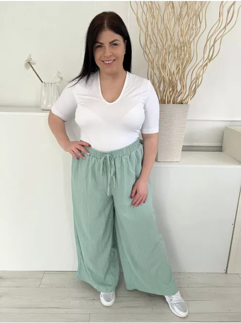 Shein (XXL) Selyemcukor Zöld Anyagában Mintás, Gumisderekú Díszmegkötős, Zsebes, Bőszárú Nadrág