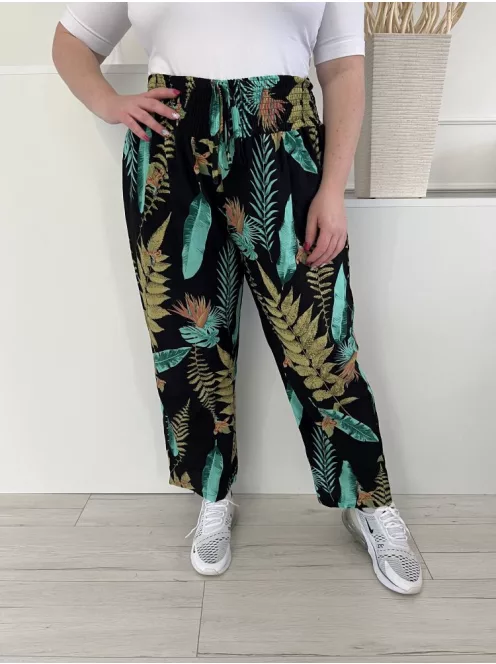  (XL) Fekete Zöld Levélmintás, Darázsolt Derekú Elől Díszmegkötős Nadrág