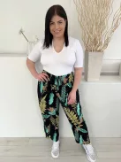 (XL) Fekete Zöld Levélmintás, Darázsolt Derekú Elől Díszmegkötős Nadrág