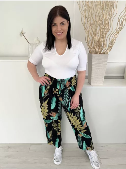  (XL) Fekete Zöld Levélmintás, Darázsolt Derekú Elől Díszmegkötős Nadrág