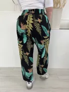  (XL) Fekete Zöld Levélmintás, Darázsolt Derekú Elől Díszmegkötős Nadrág