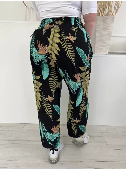  (XL) Fekete Zöld Levélmintás, Darázsolt Derekú Elől Díszmegkötős Nadrág