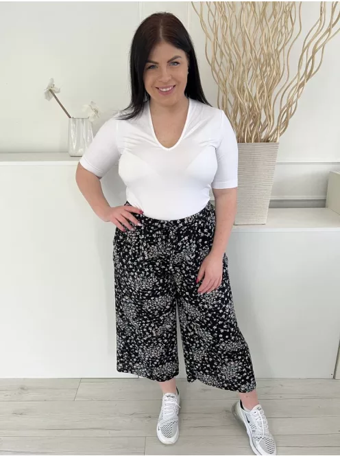 Nutmeg (XL) Fekete Apró Virágos, Derékban Összehúzható Megkötős, Bőszárú Nadrág