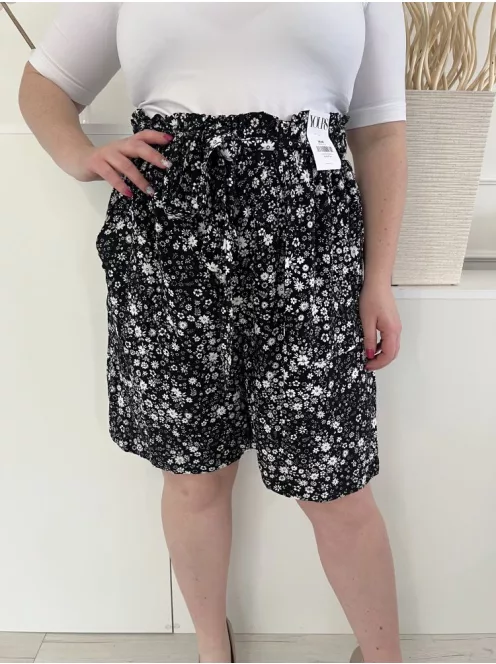 ÚJ Yours (XL) Fekete Apró Fehér Virágos, Gumisderekú Megkötős, Zsebes Rövidnadrág