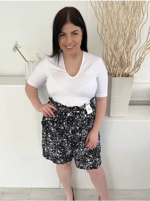 ÚJ Yours (XL) Fekete Apró Fehér Virágos, Gumisderekú Megkötős, Zsebes Rövidnadrág