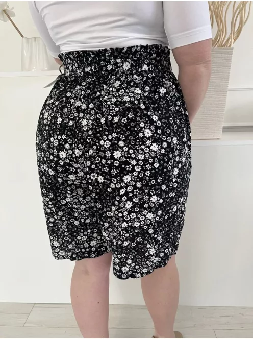 ÚJ Yours (XL) Fekete Apró Fehér Virágos, Gumisderekú Megkötős, Zsebes Rövidnadrág