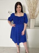 New Look (XL) Királykék Fehér Pöttyös, Felül Darázsolt Mellnél Díszmegkötős, Buggyos Vállú Ruha