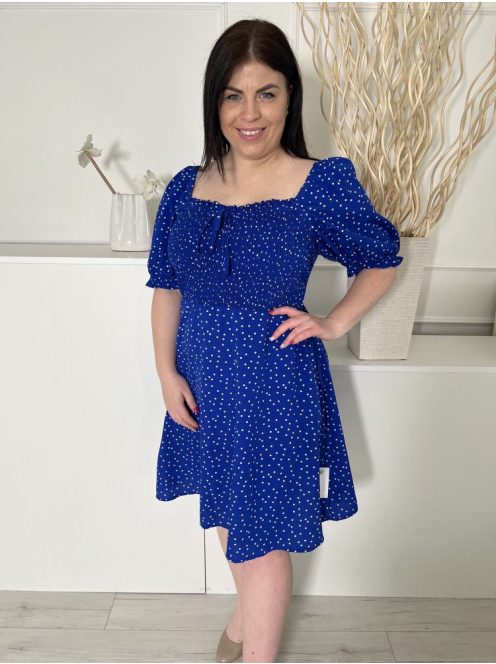 New Look (XL) Királykék Fehér Pöttyös, Felül Darázsolt Mellnél Díszmegkötős, Buggyos Vállú Ruha