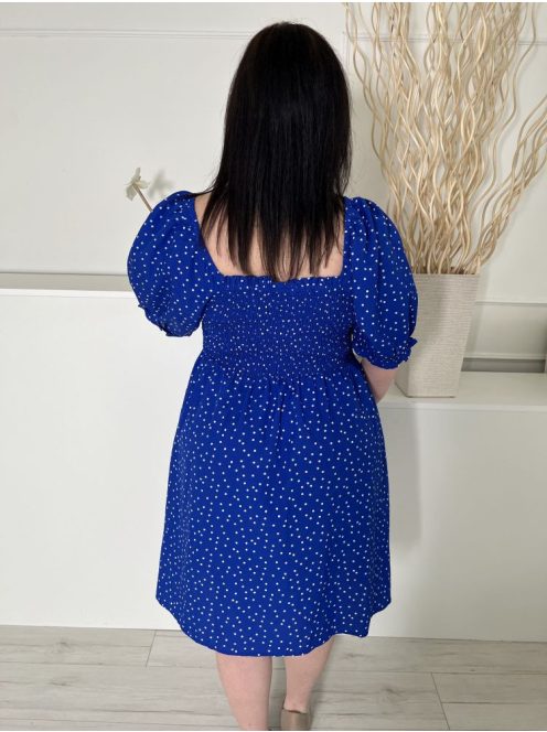 New Look (XL) Királykék Fehér Pöttyös, Felül Darázsolt Mellnél Díszmegkötős, Buggyos Vállú Ruha
