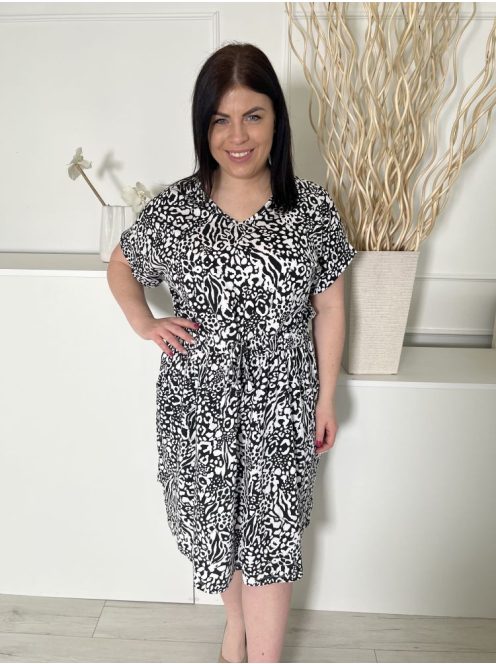 Yours (XXL) Fekete Fehér Mintás, Derékban Összehúzható Megkötős, 100% Pamut, Zsebes Ruha