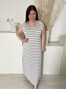  (L) Fehér Szürke Csíkos, Oldalt Sliccelt Hátul Darázsolt, Kerek Nyakú Ruha