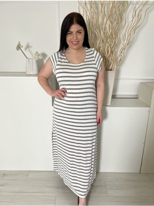  (L) Fehér Szürke Csíkos, Oldalt Sliccelt Hátul Darázsolt, Kerek Nyakú Ruha