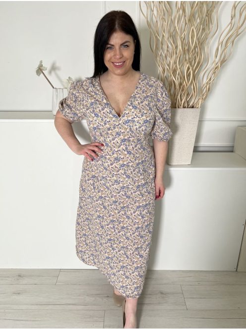 TU (L) Drapp Apró Kék Virágos, 100% Pamut  V Kivágású, Hátul Derékban Megkötős Ruha